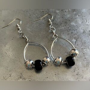 Elegant Silver and Black Glass Beaded Wire Dangle Earrings